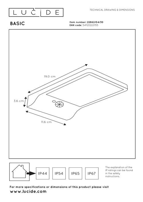Lucide BASIC - Applique murale- Énergie Solaire - LED - 1x3W 2700K - IP44- Détecteur De Mouvement & Jour/Nuit - Noir - technique